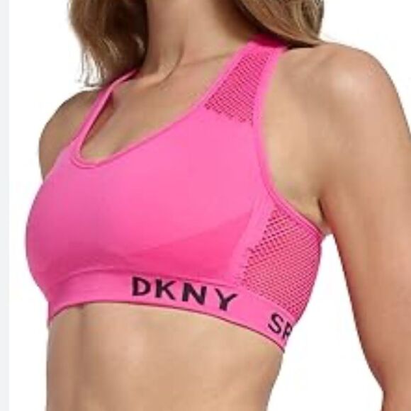 NWT DKNY SPORT Seamless Mesh-Back Sleek Stretchy Lightweight Bra Hot Pink XS 0/2 - Picture 1 of 11